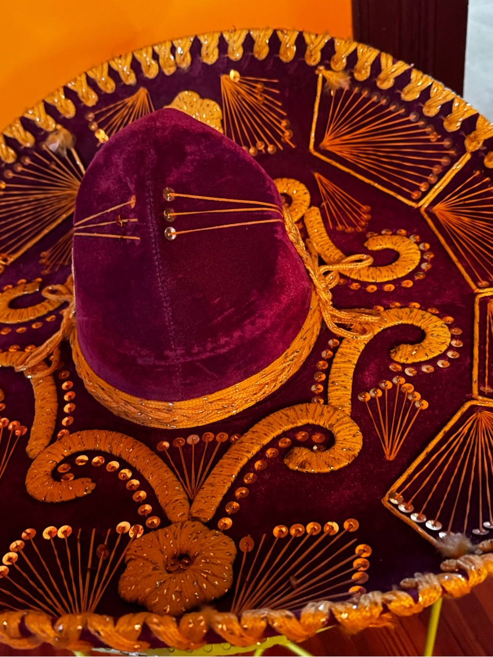Traditional Women's Embroidered Velvet Sombrero Hat in Burgundy and Gold